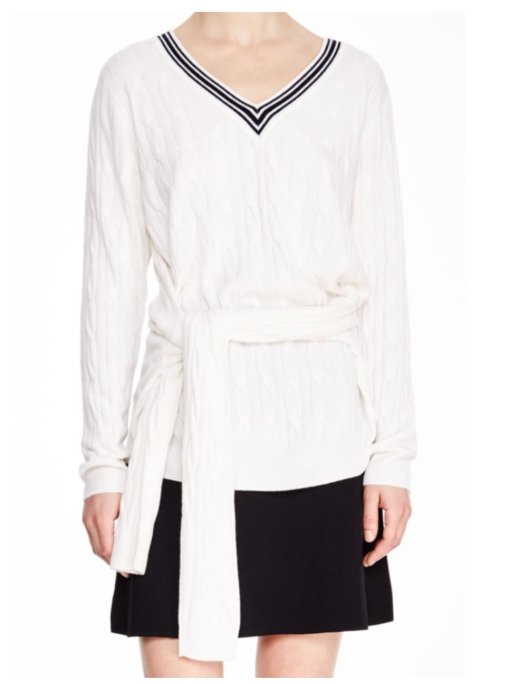 Sandro Emma Tie-Waist Cable-Knit V-Neck Wool Cashmere Ecru White Sweater Small